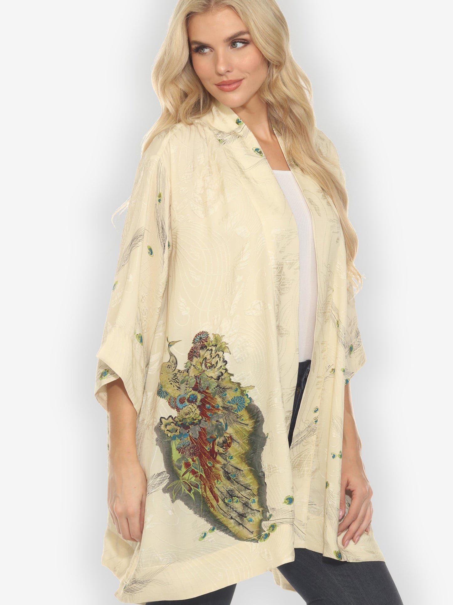 Open Front Kimono Peacock Floral White Silk Kimono Jacket