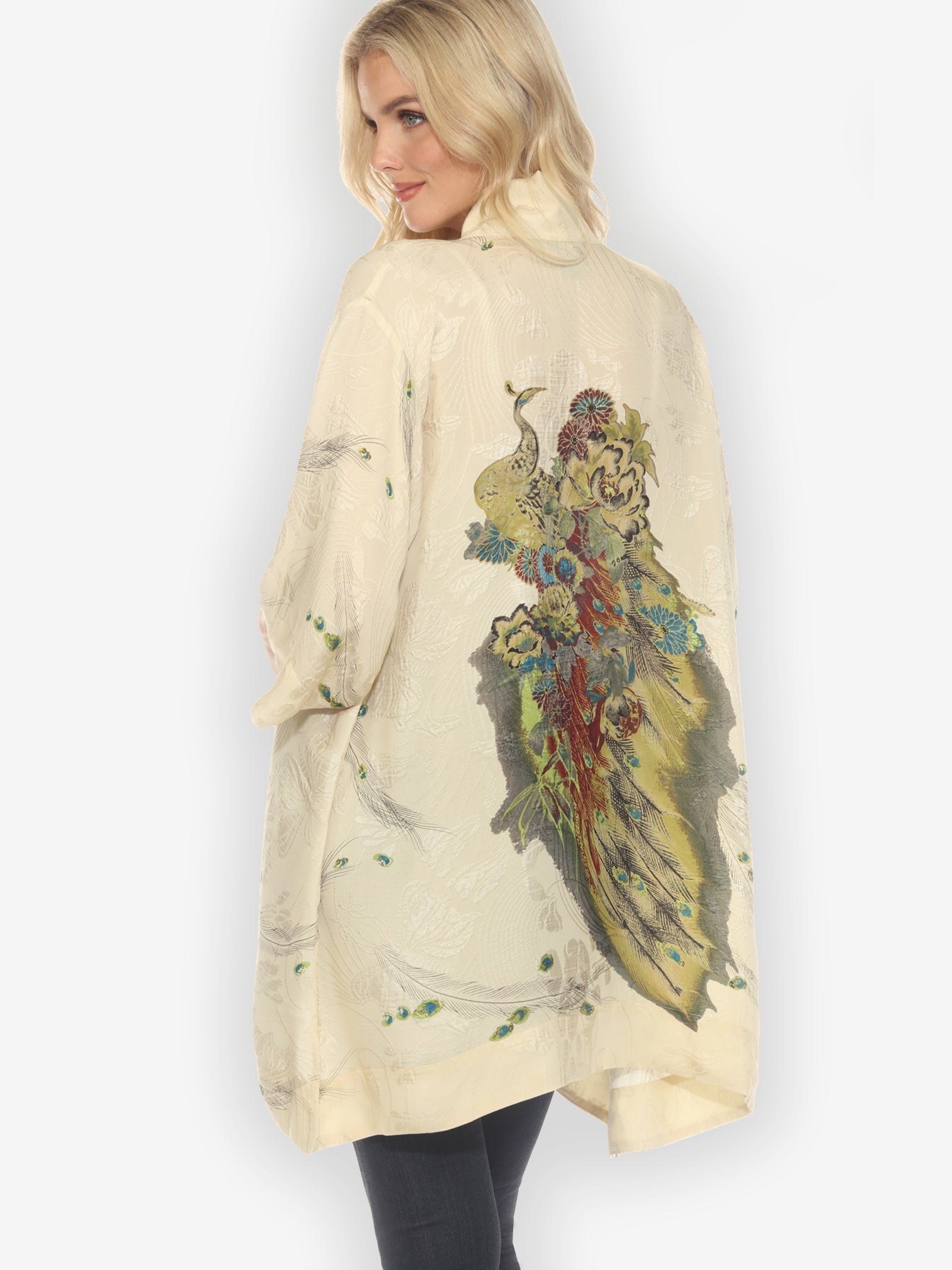 Open Front Kimono Peacock Floral White Silk Kimono Jacket