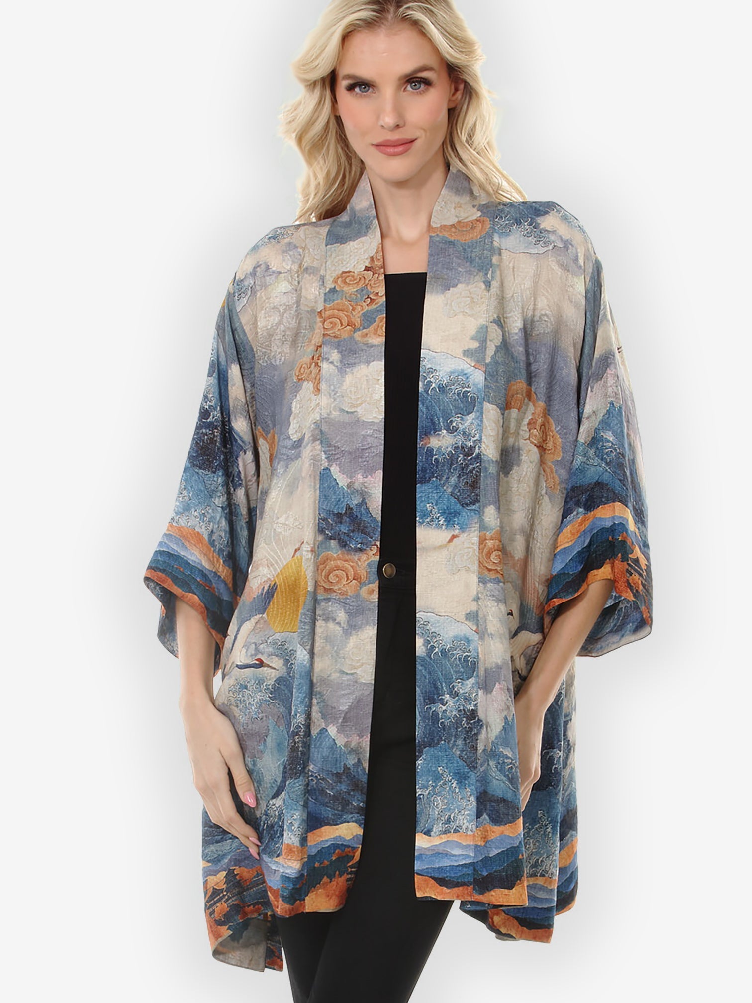 Open Front Kimono Sun Cranes in Blue Colorway Silk Kimono Jacket