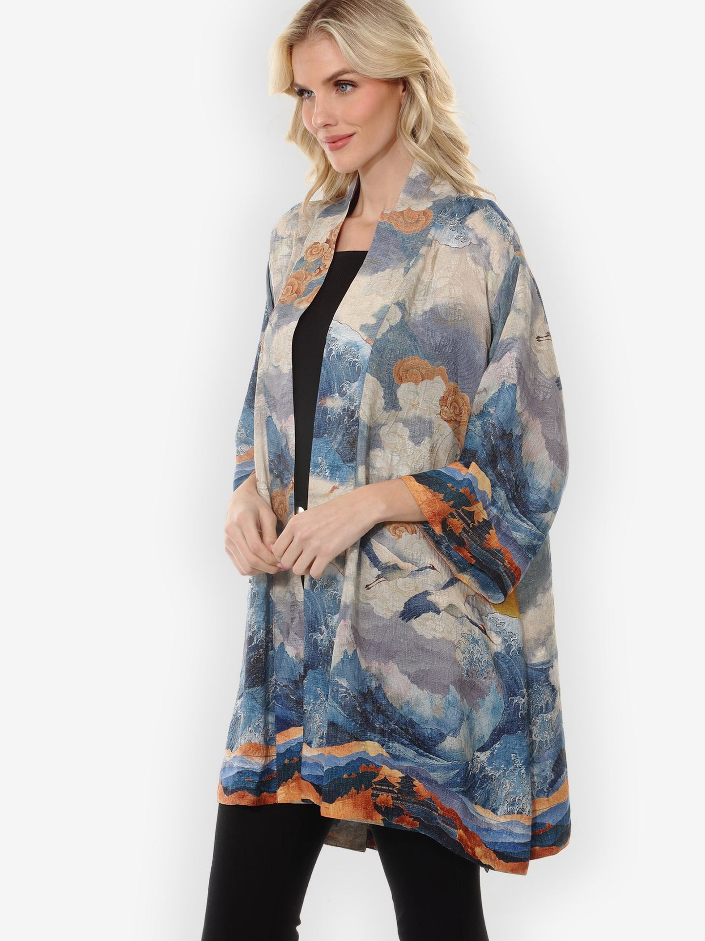 Open Front Kimono Sun Cranes in Blue Colorway Silk Kimono Jacket