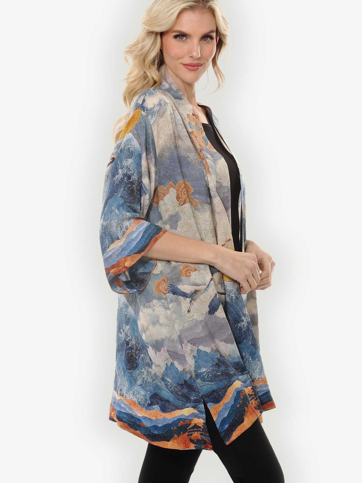 Open Front Kimono Sun Cranes in Blue Colorway Silk Kimono Jacket