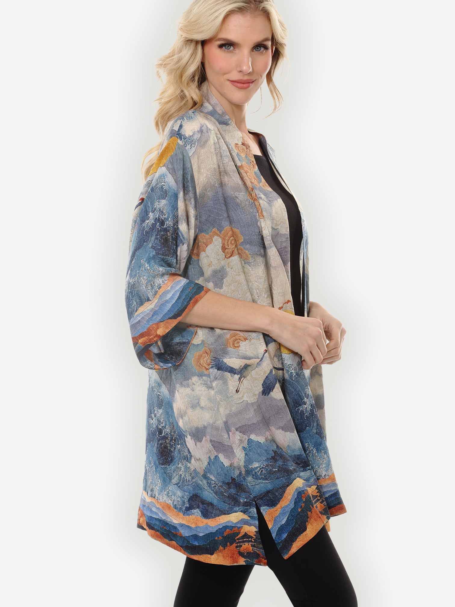 Open Front Kimono Sun Cranes in Blue Colorway Silk Kimono Jacket