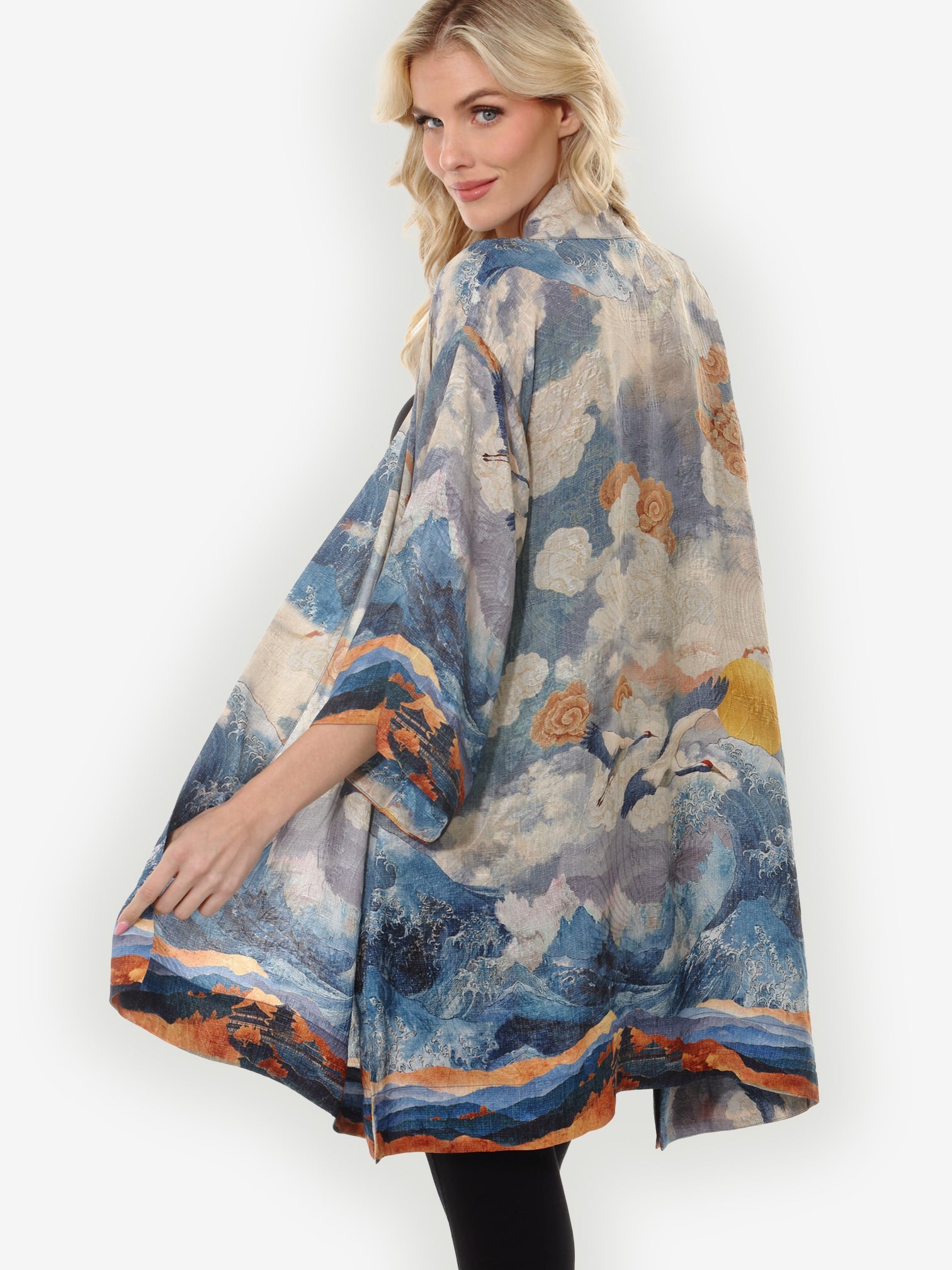 Open Front Kimono Sun Cranes in Blue Colorway Silk Kimono Jacket