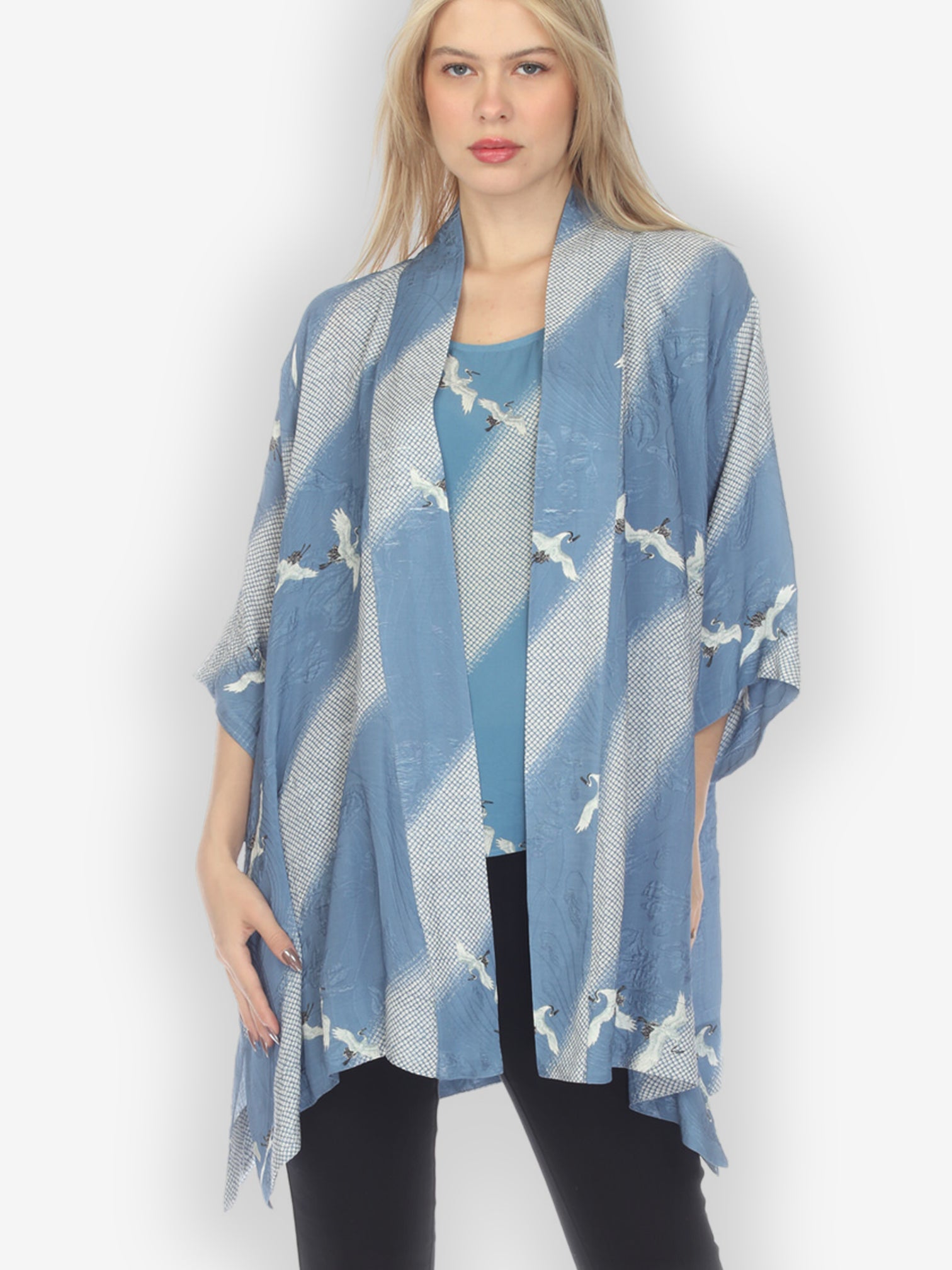 Open Front Kimono Shibori Flying Crane Silk Kimono