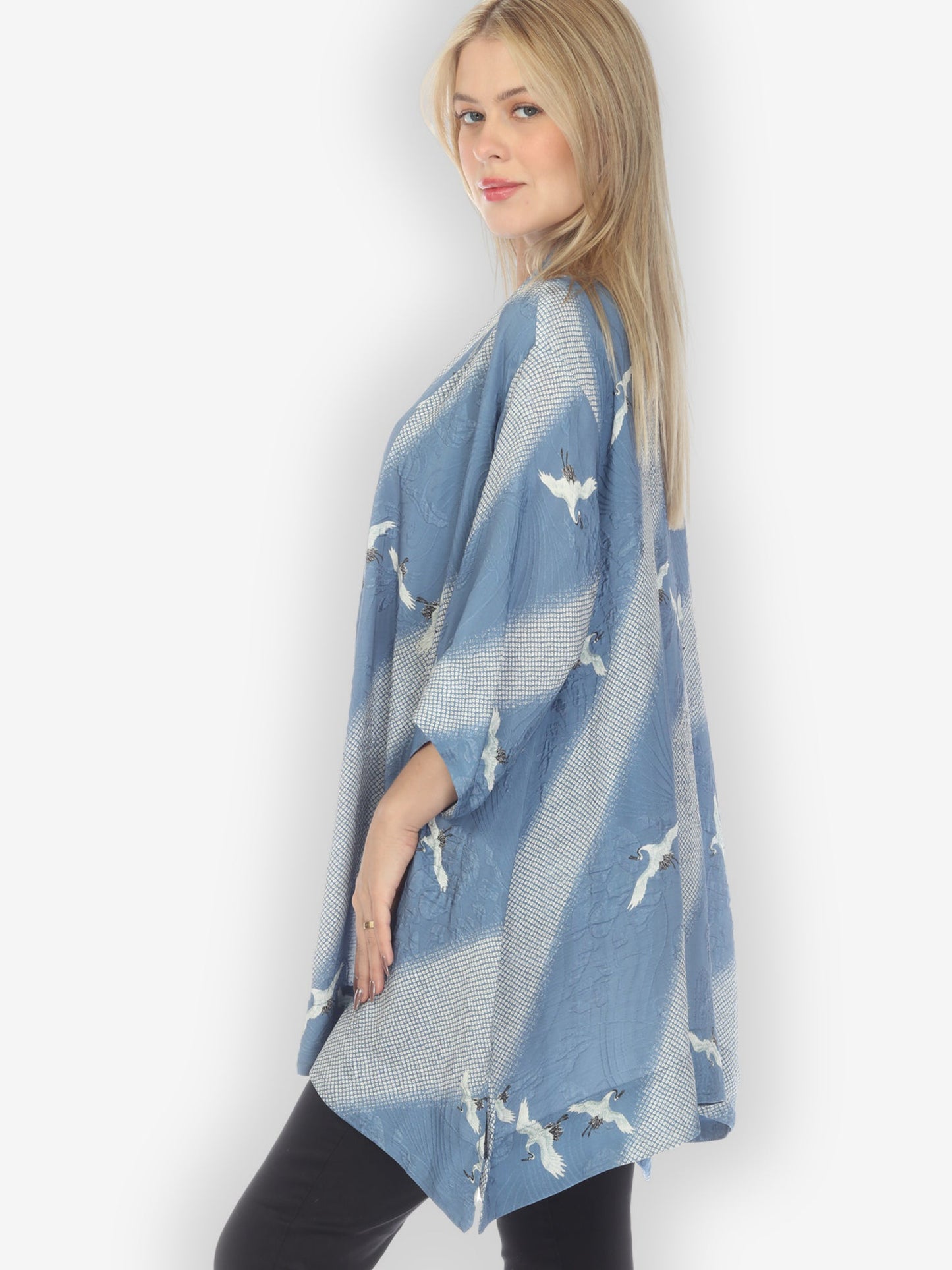 Open Front Kimono Shibori Flying Crane Silk Kimono