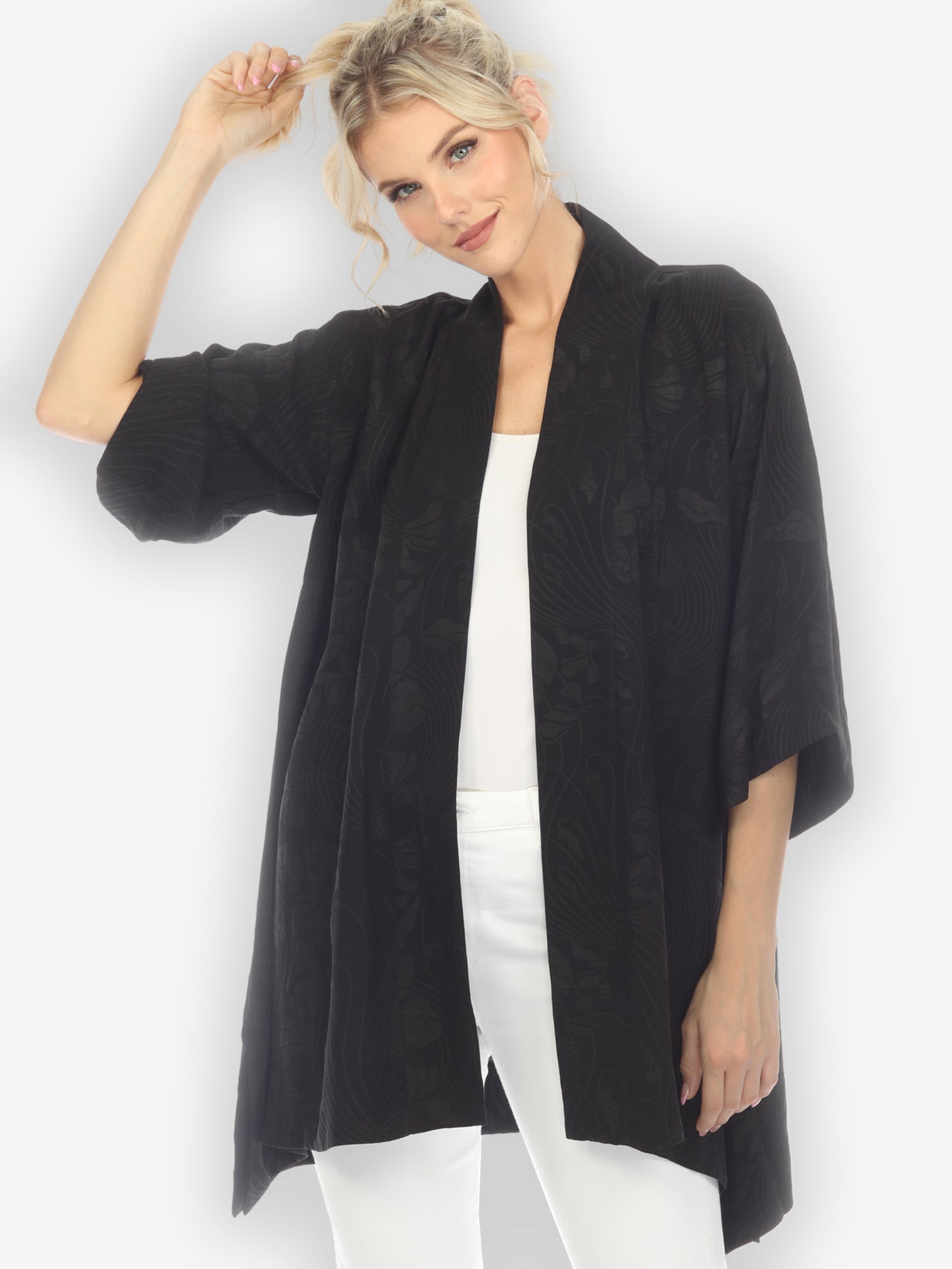 Jackets Solid Black Silk Kimono Top