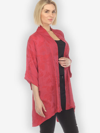 Jackets Solid Pinkish-Red Silk Kimono Top