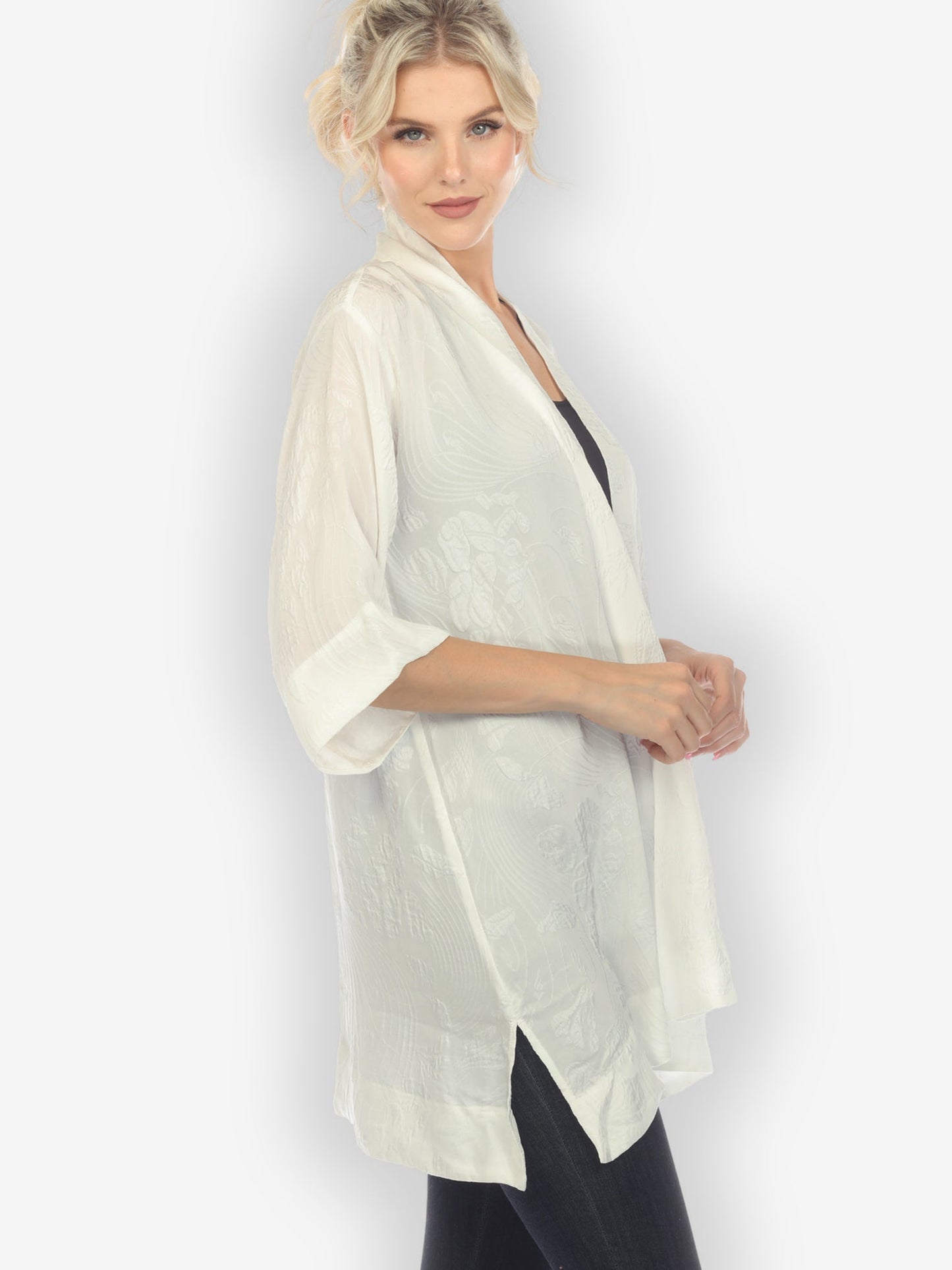 Jackets Solid White Silk Kimono Top