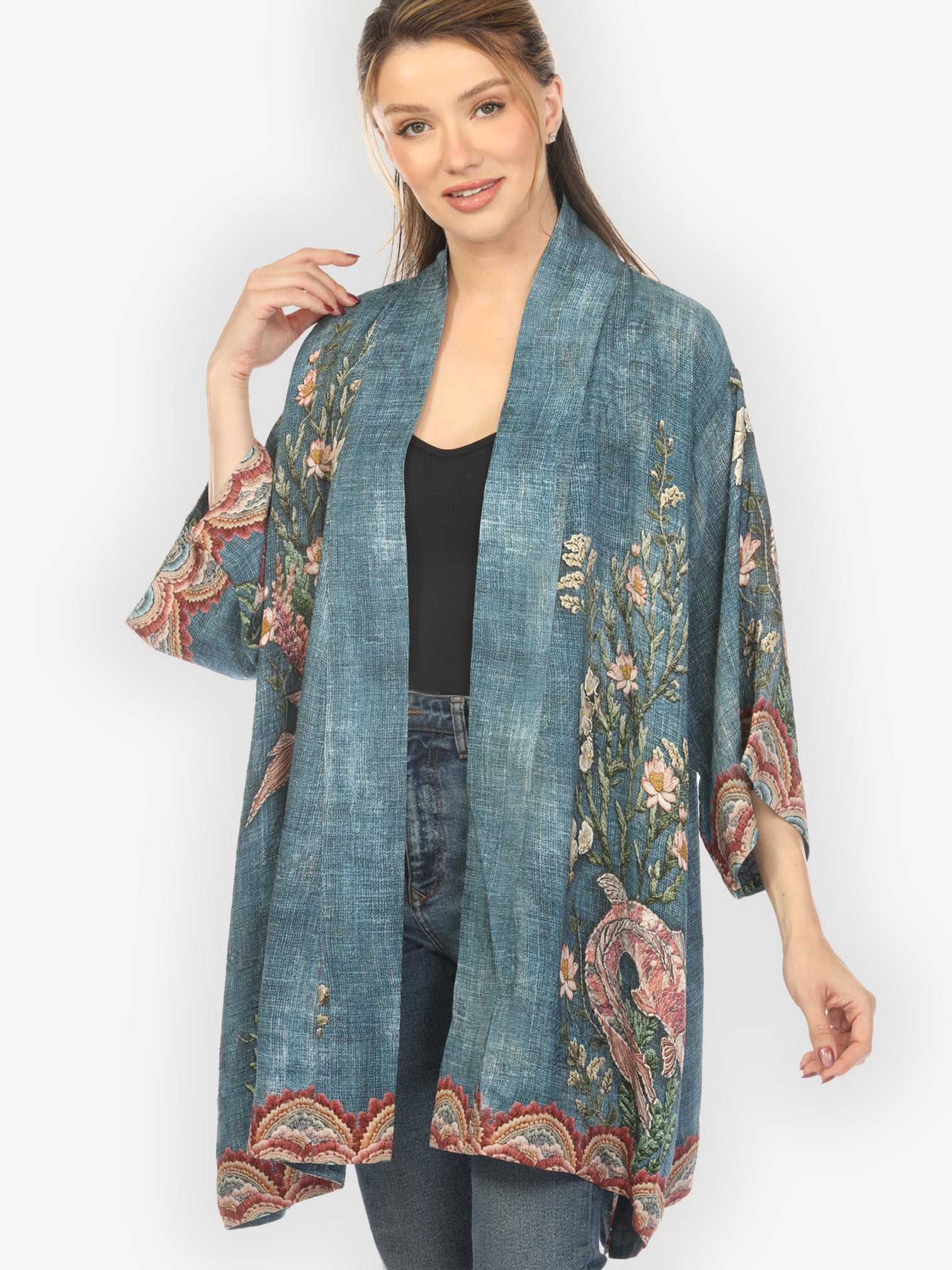Open Front Kimono Vintage Koi Embroidery Kimono Jacket
