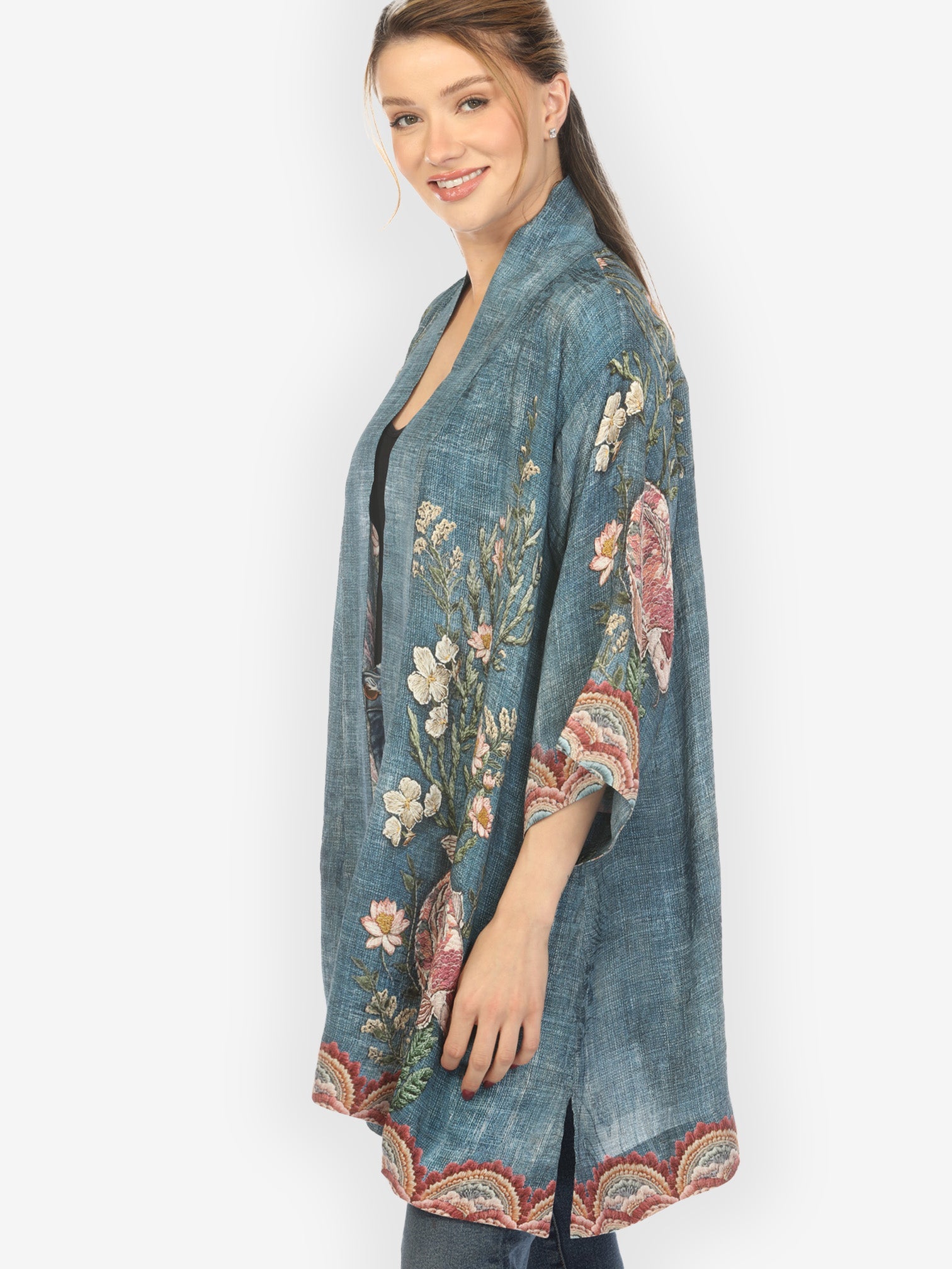 Open Front Kimono Vintage Koi Embroidery Kimono Jacket