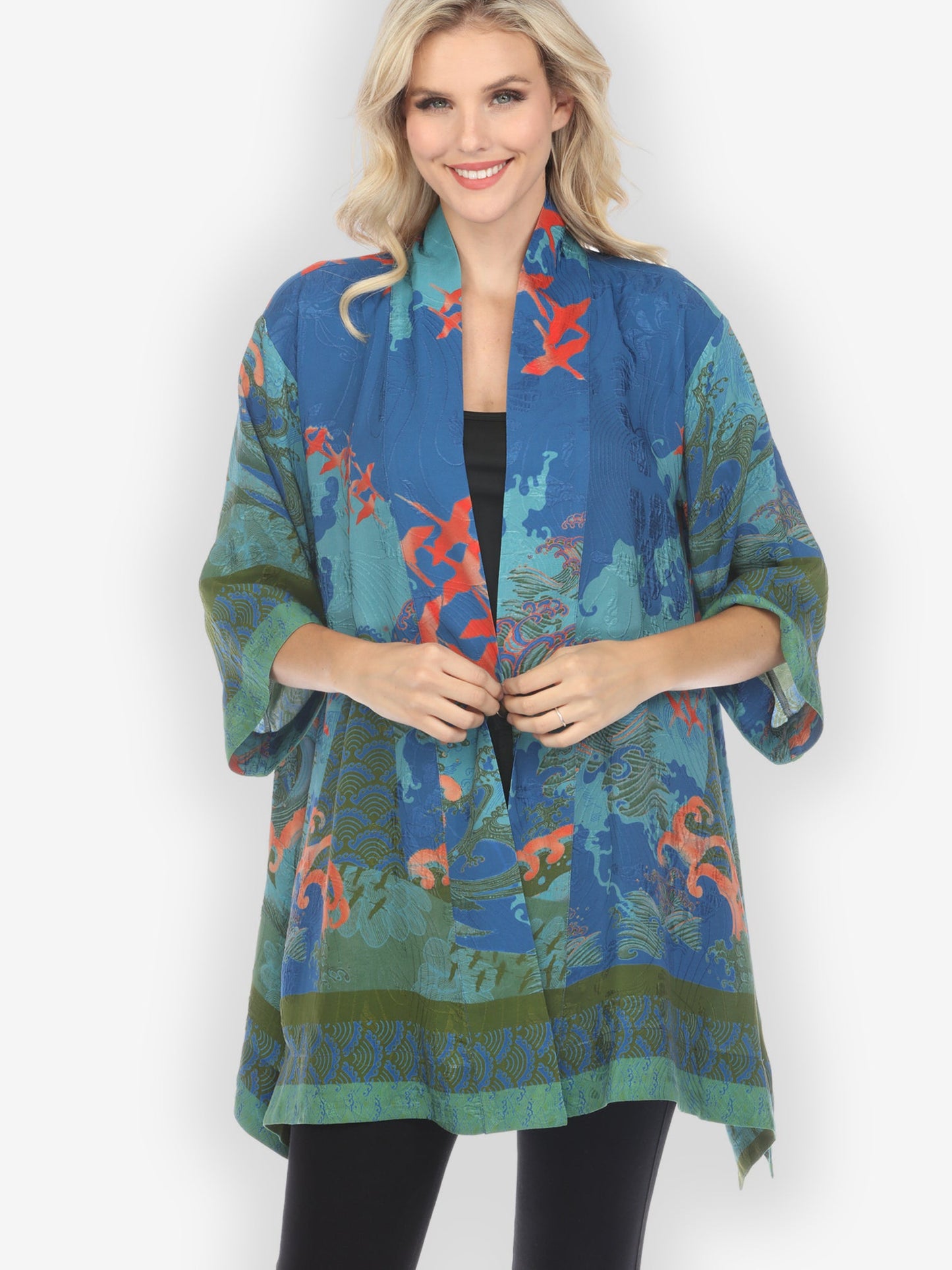Open Front Kimono Waves and Crane in Blue Kimono Jacket