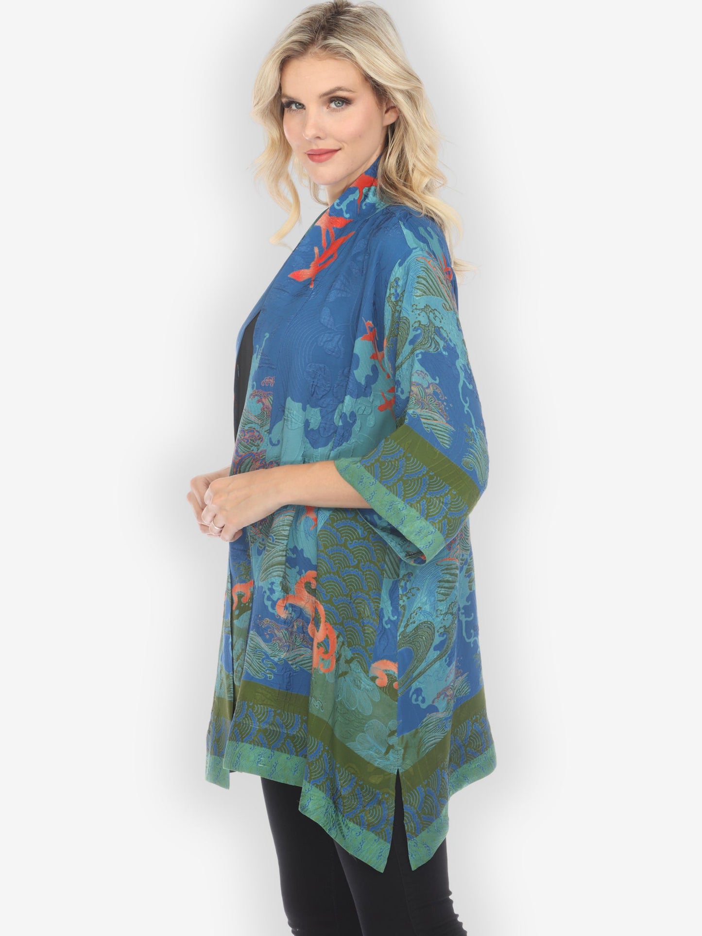 Open Front Kimono Waves and Crane in Blue Kimono Jacket