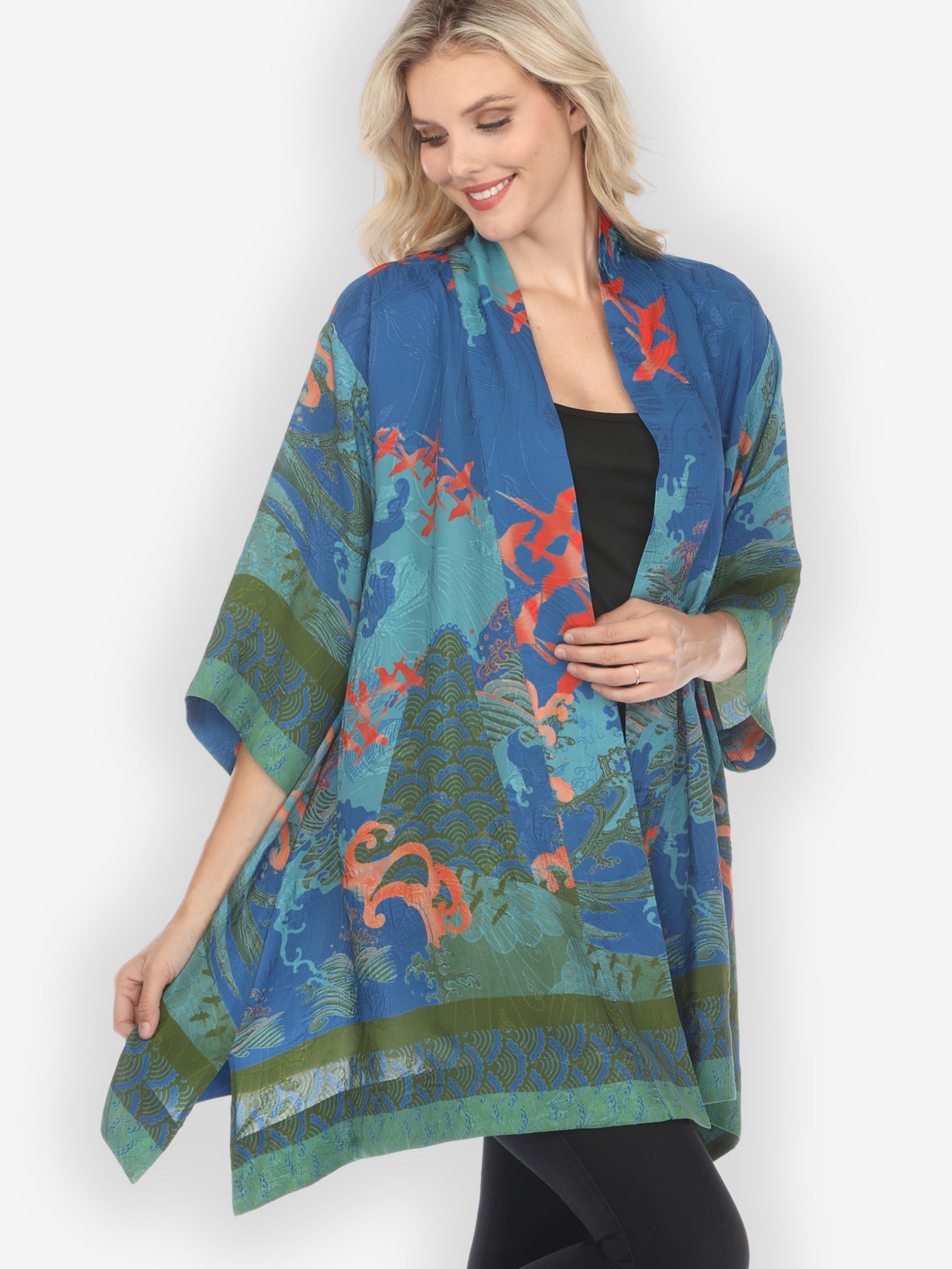 Open Front Kimono Waves and Crane in Blue Kimono Jacket