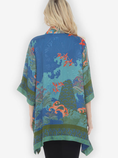 Open Front Kimono Waves and Crane in Blue Kimono Jacket