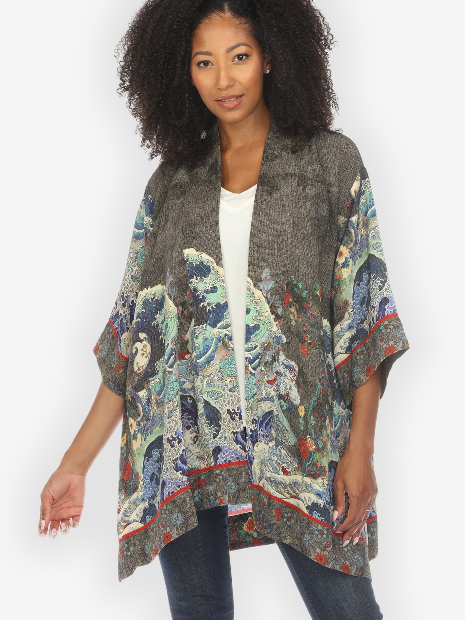 Jackets Waves Art in Dark Gray Silk Kimono Jacket