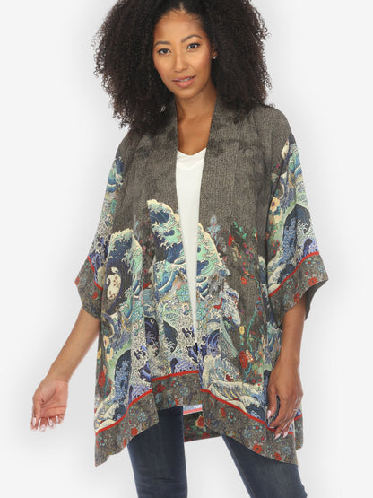Jackets Waves Art in Dark Gray Silk Kimono Jacket