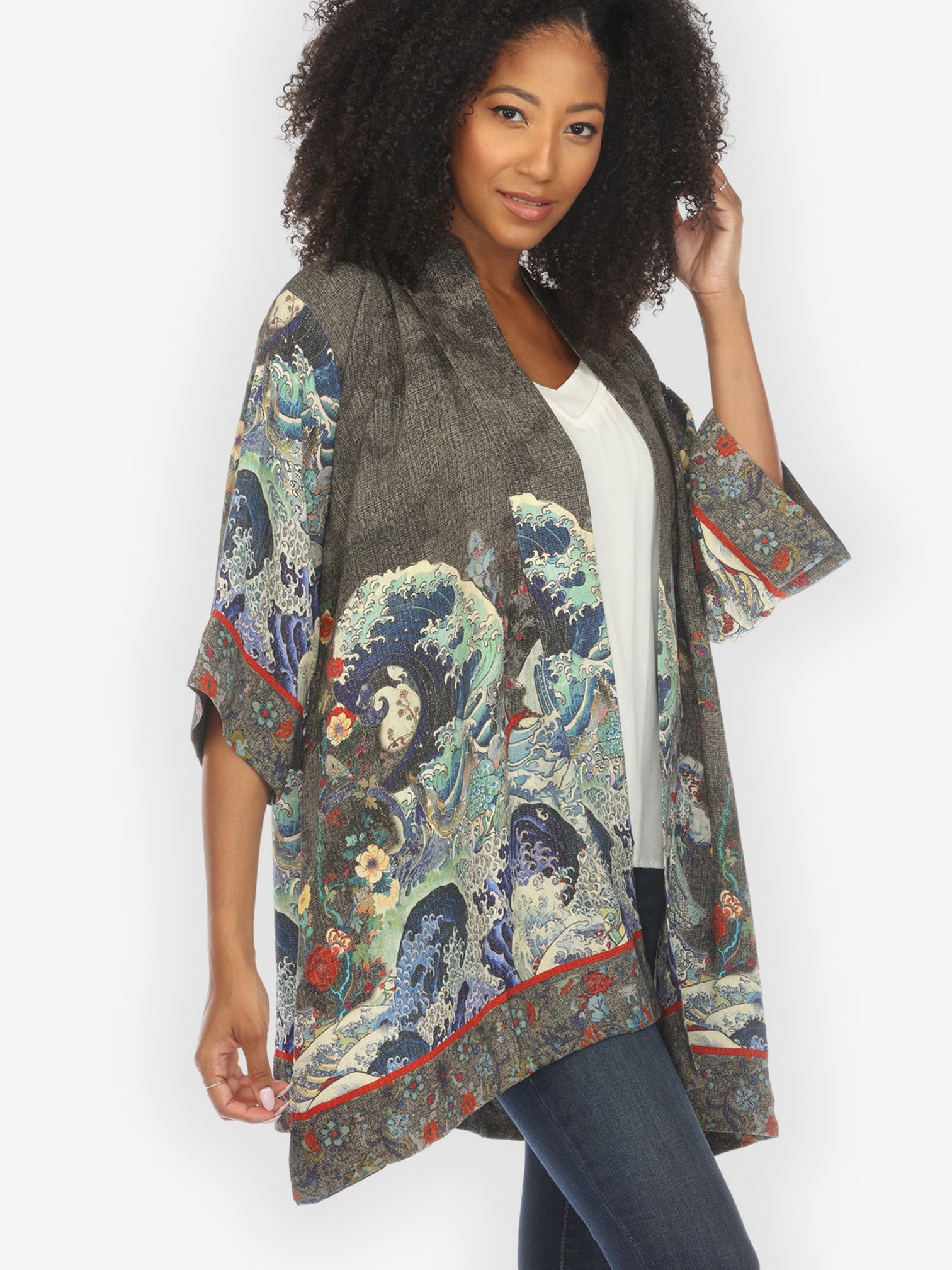 Jackets Waves Art in Dark Gray Silk Kimono Jacket