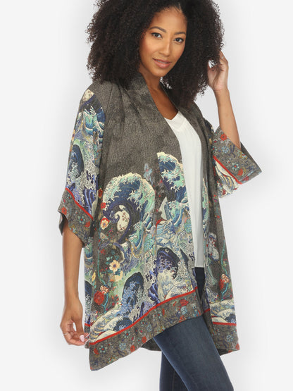 Jackets Waves Art in Dark Gray Silk Kimono Jacket