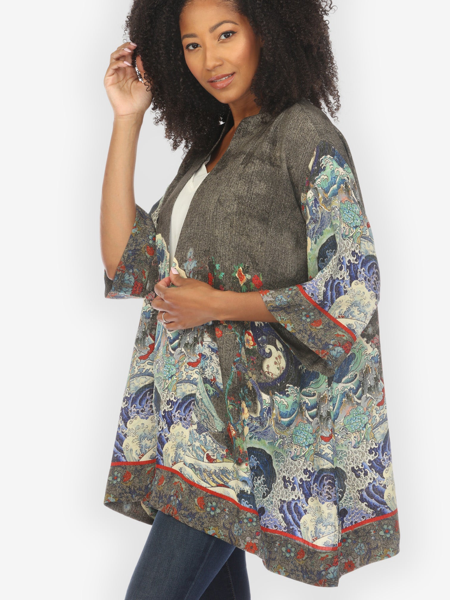Jackets Waves Art in Dark Gray Silk Kimono Jacket