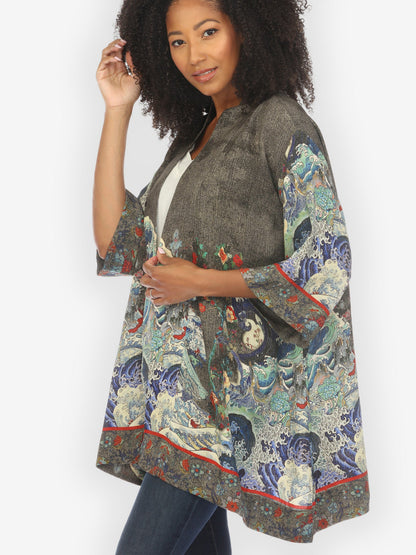 Jackets Waves Art in Dark Gray Silk Kimono Jacket