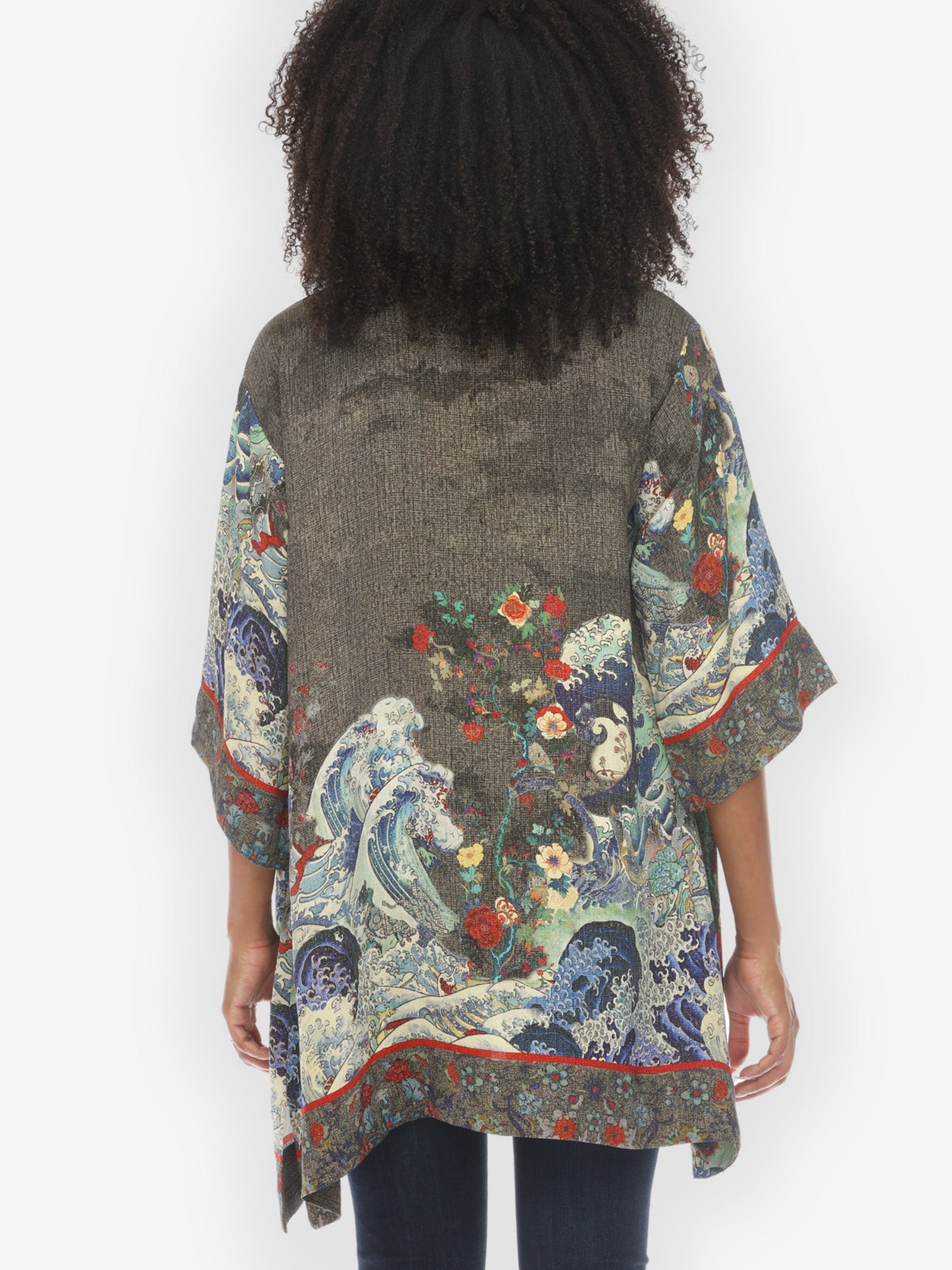 Jackets Waves Art in Dark Gray Silk Kimono Jacket
