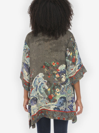 Jackets Waves Art in Dark Gray Silk Kimono Jacket
