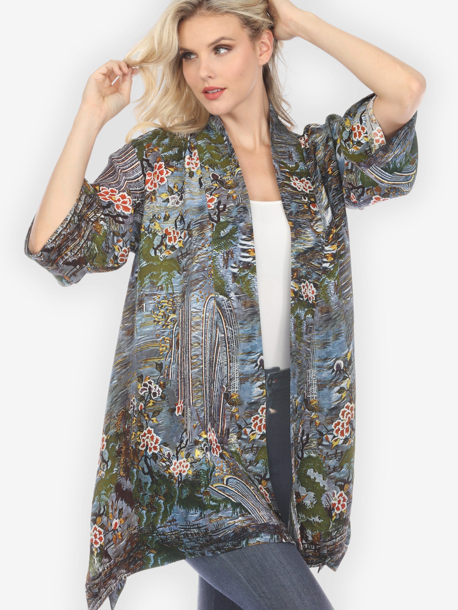 Jackets Waterfall and Flowers Silk Kimono Jacket