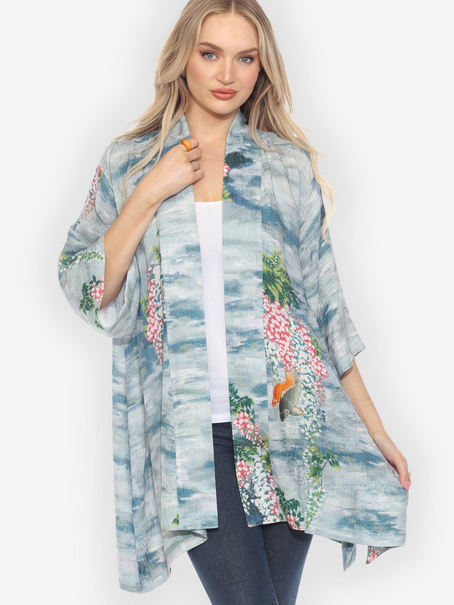 Open Front Kimono Water and Koi Kimono Jacket