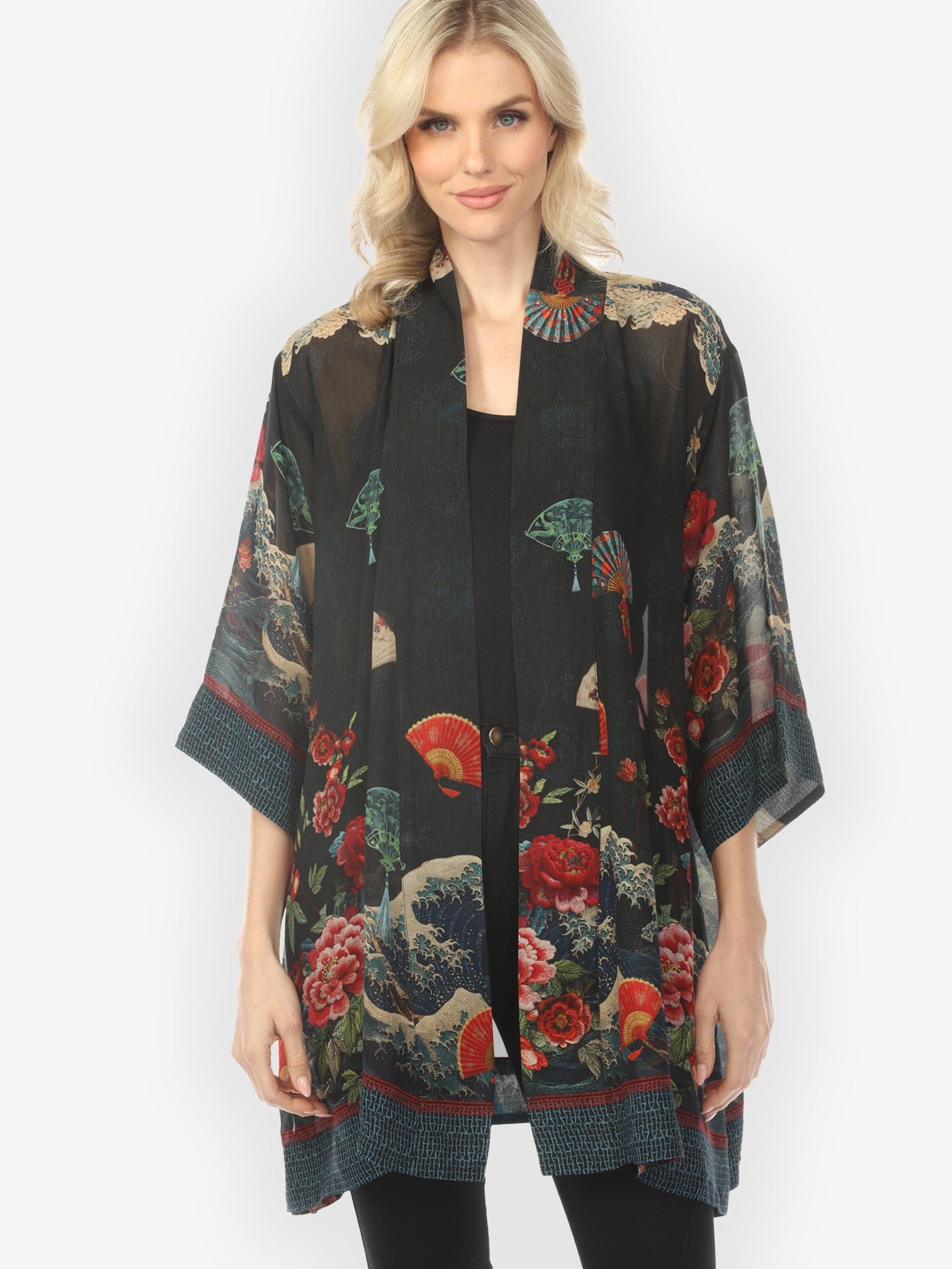 Open Front Kimono Waves Fans Flowers Black Kimono Jacket