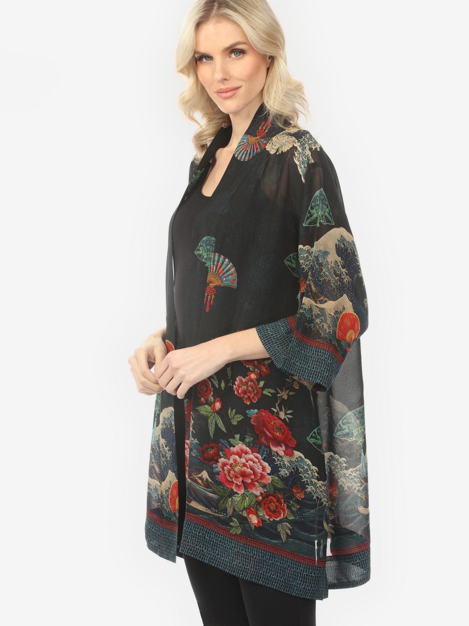 Open Front Kimono Waves Fans Flowers Black Kimono Jacket