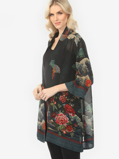 Open Front Kimono Waves Fans Flowers Black Kimono Jacket