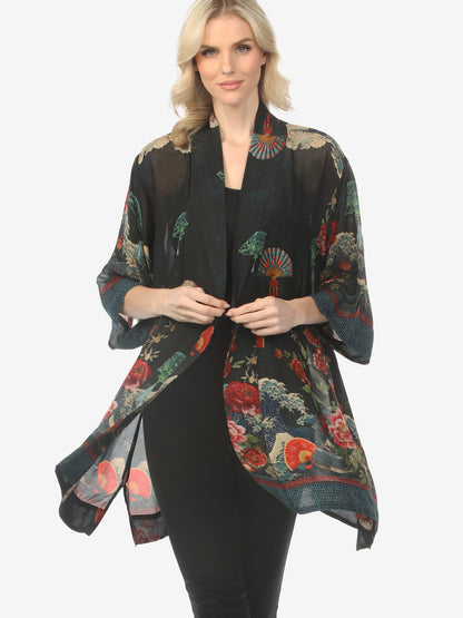 Open Front Kimono Waves Fans Flowers Black Kimono Jacket