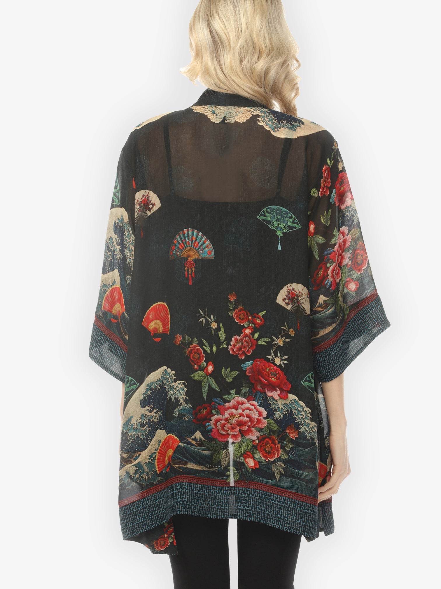 Open Front Kimono Waves Fans Flowers Black Kimono Jacket