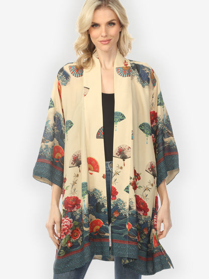 Open Front Kimono Waves Fans Flowers Cream Kimono Jacket