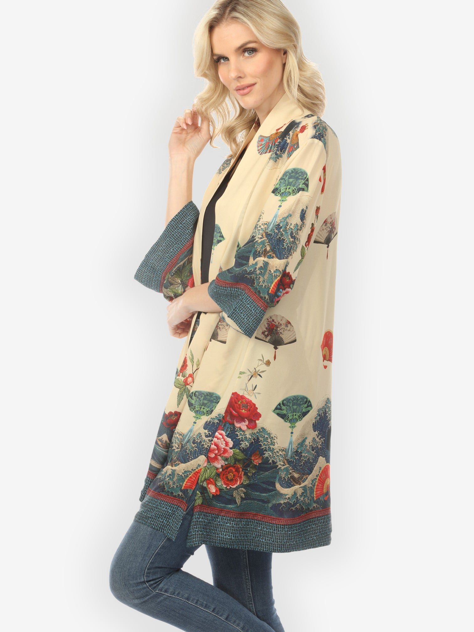 Open Front Kimono Waves Fans Flowers Cream Kimono Jacket