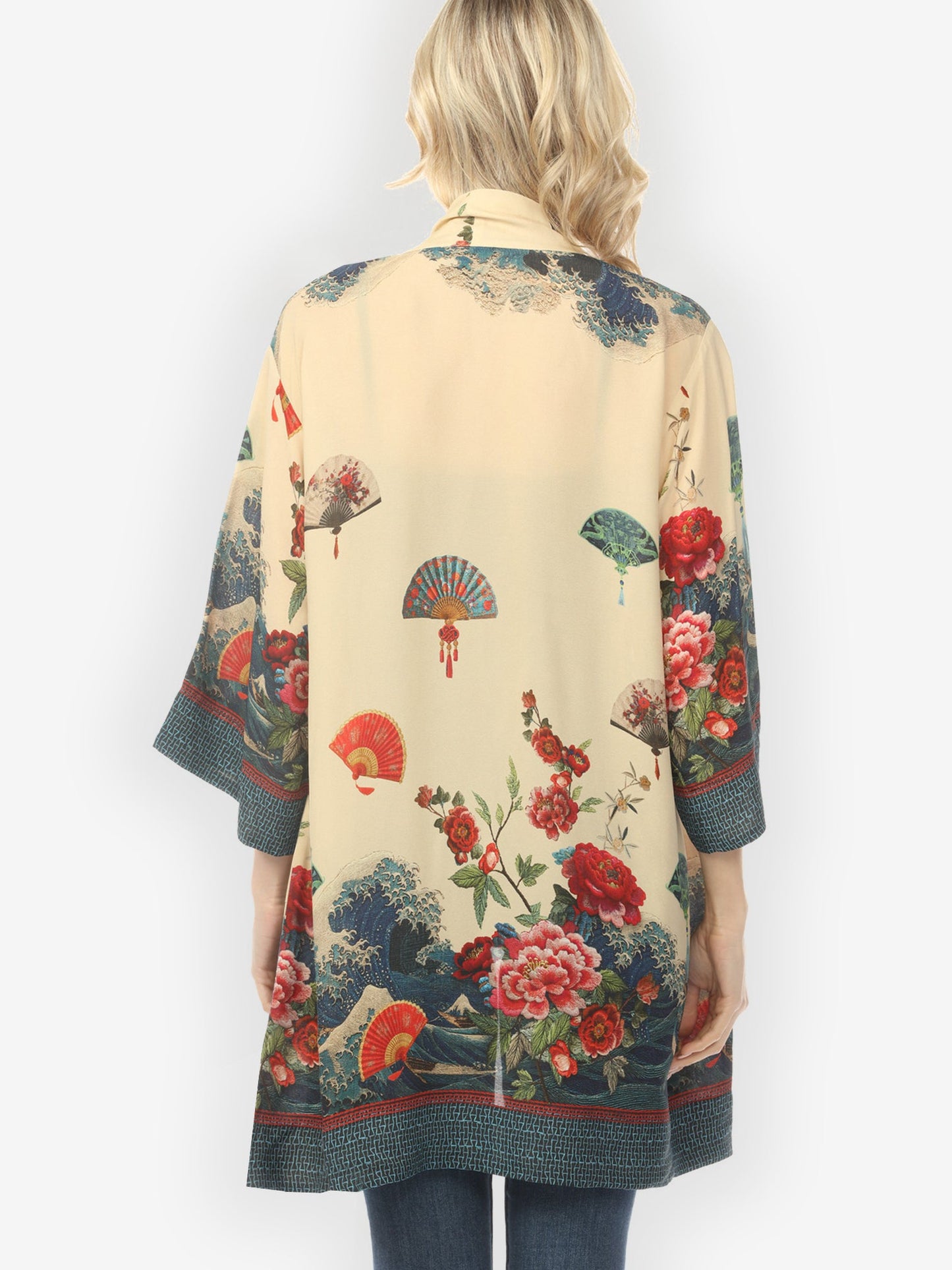 Open Front Kimono Waves Fans Flowers Cream Kimono Jacket