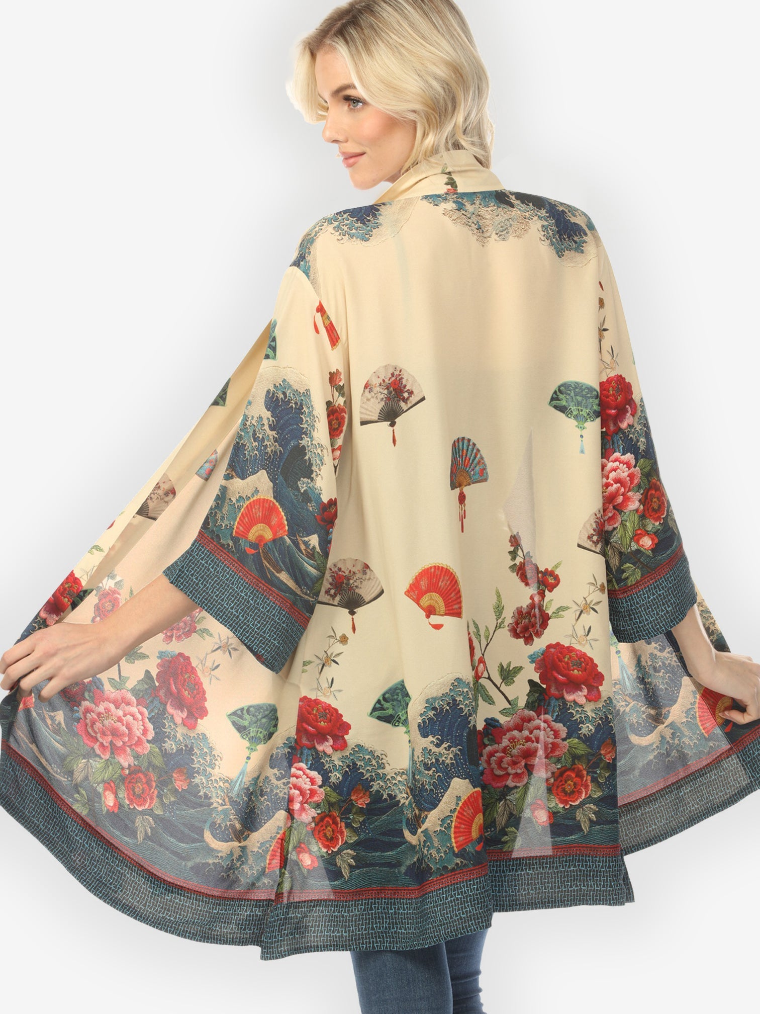 Open Front Kimono Waves Fans Flowers Cream Kimono Jacket