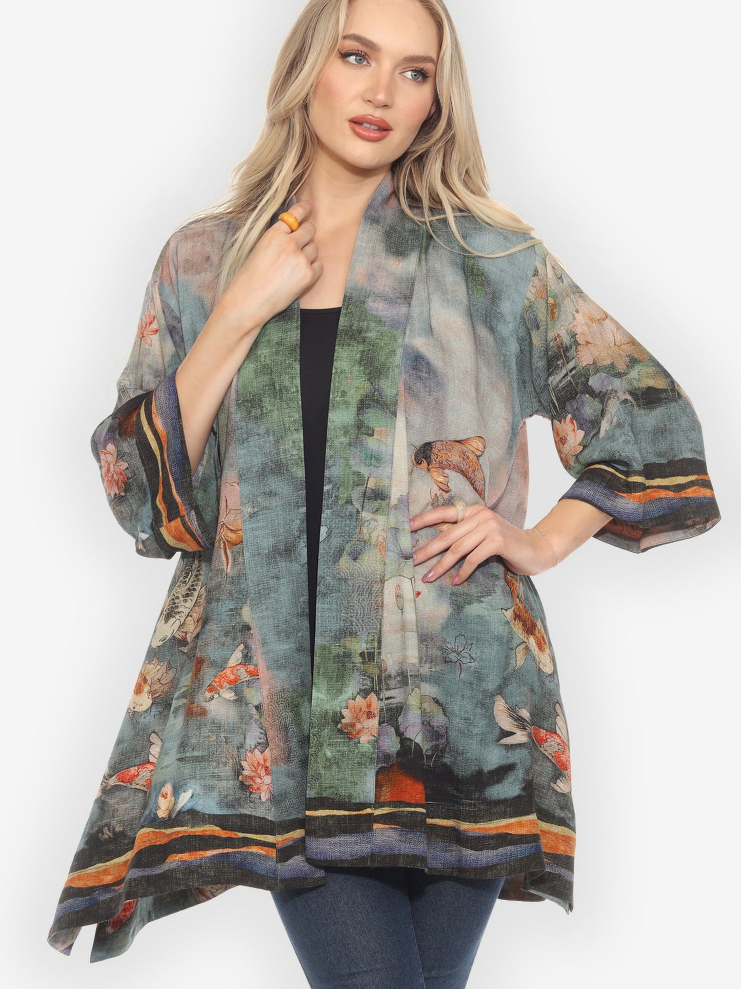 Open Front Kimono Watercolor Koi Kimono Jacket