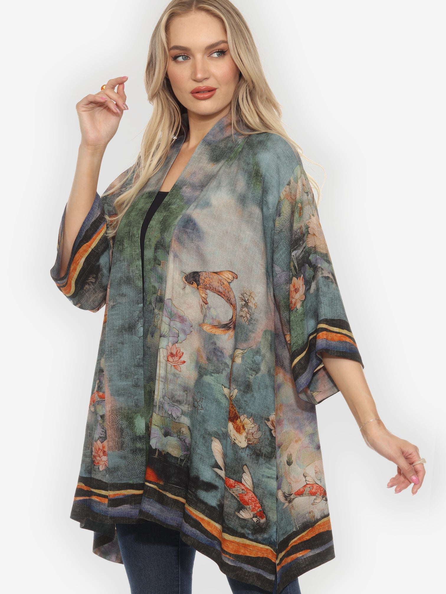 Open Front Kimono Watercolor Koi Kimono Jacket