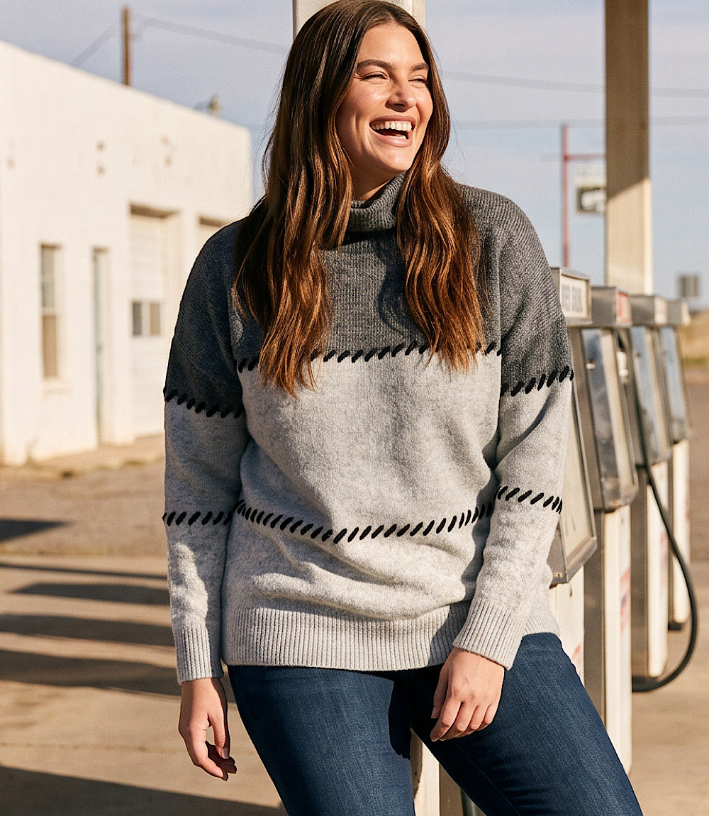 sweater Plus Size Contrast Stitch Mock Neck Colorblock Sweater