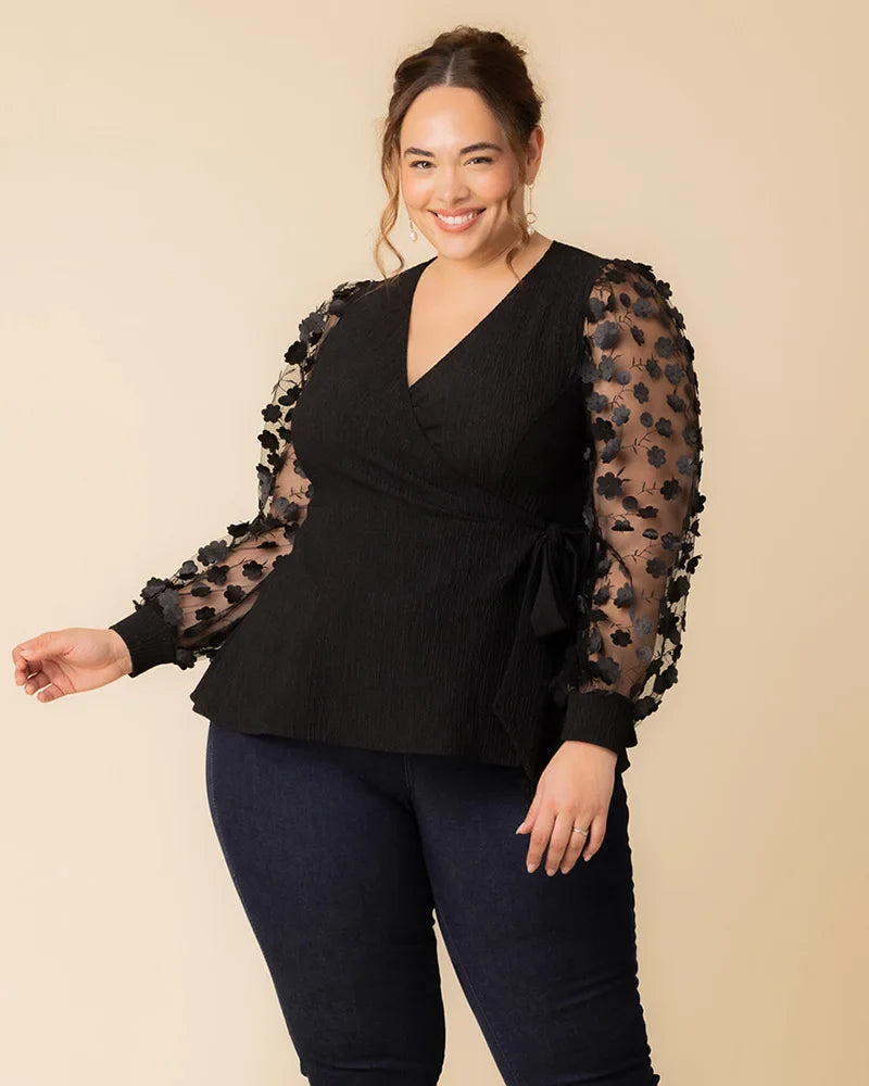 Tops Scattered Petals Long Sleeve Wrap Top