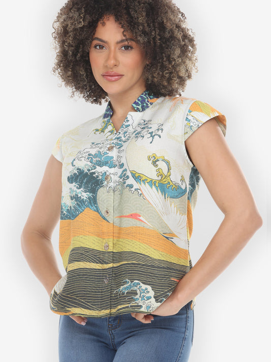Cap Sleeve Blouse Crane Flying Sky Cap Sleeve Blouse