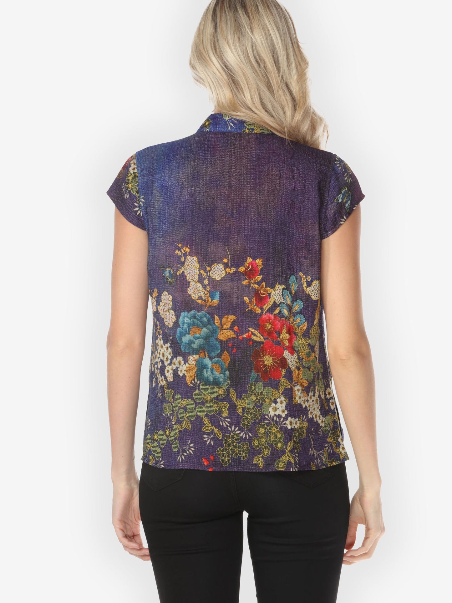 Peony and Blooming Cherry Cap Sleeve Silk Blouse