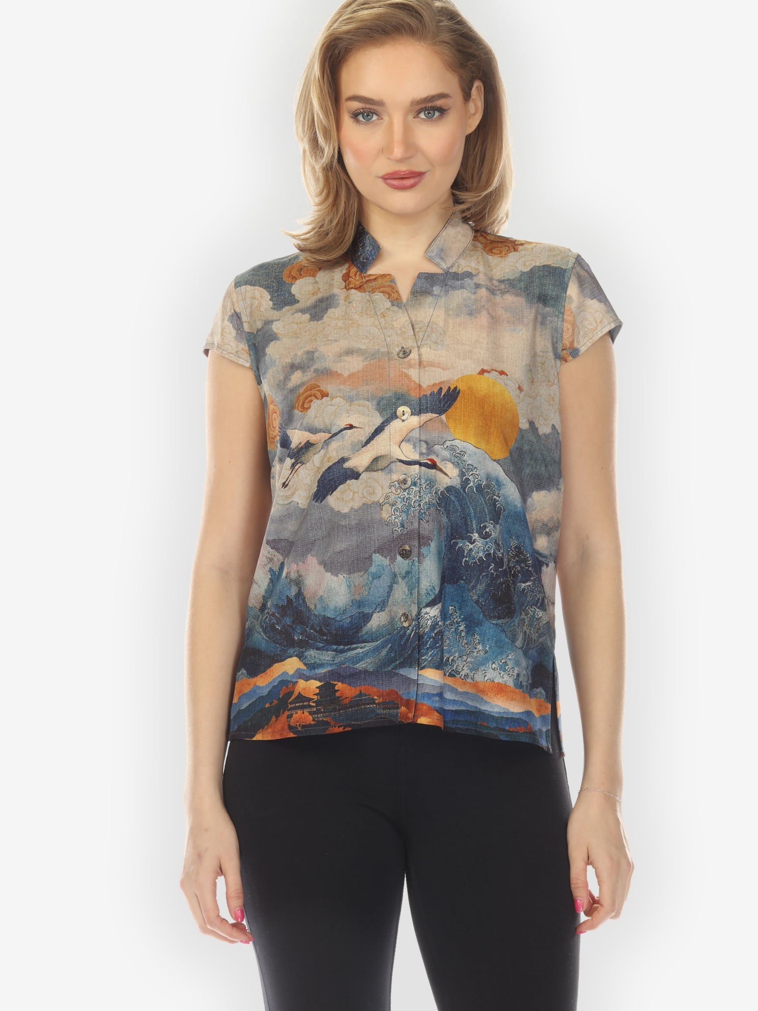 Cap Sleeve Blouse Sun Crane in Blue Cap Sleeve Blouse