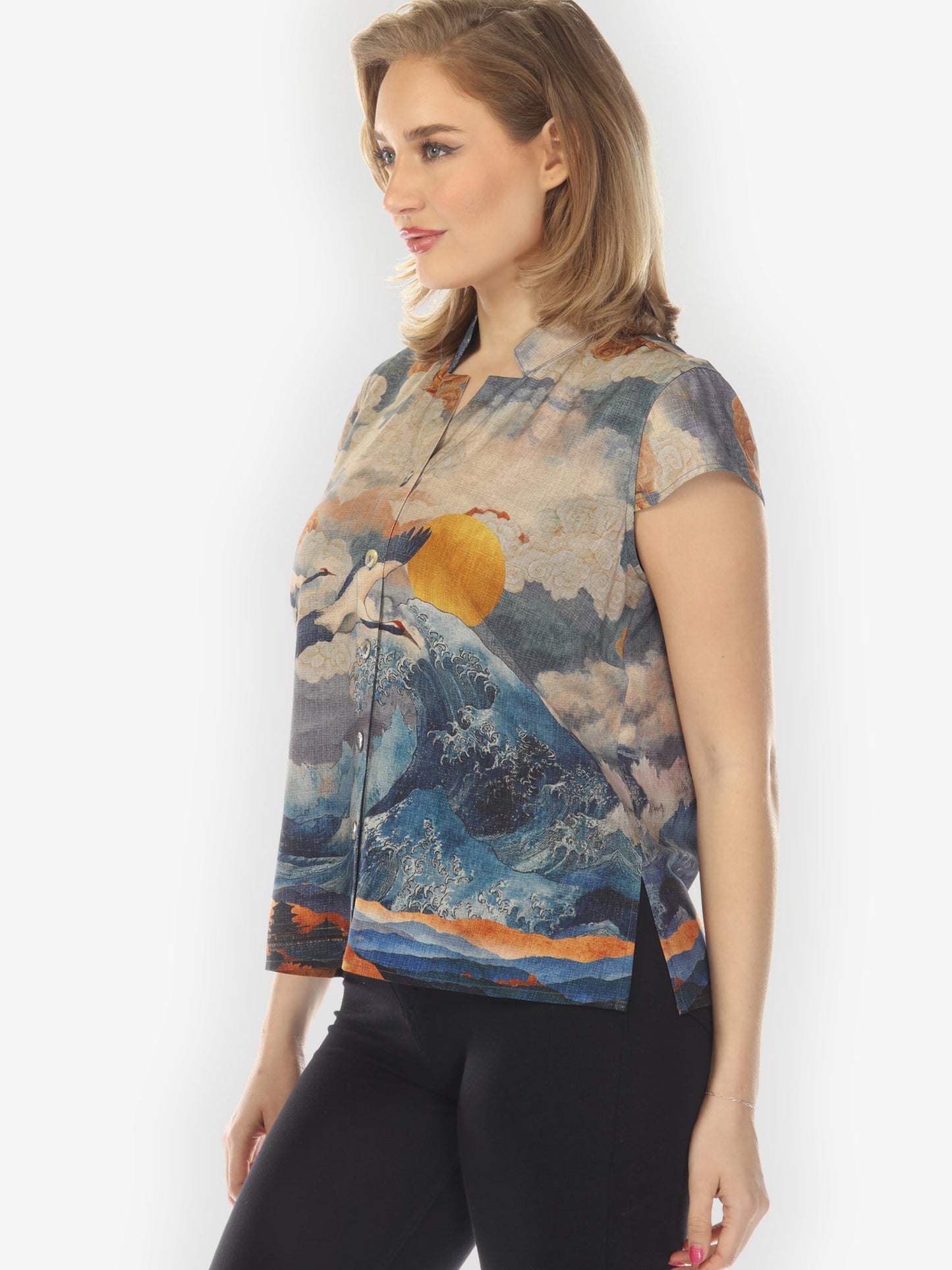 Cap Sleeve Blouse Sun Crane in Blue Cap Sleeve Blouse