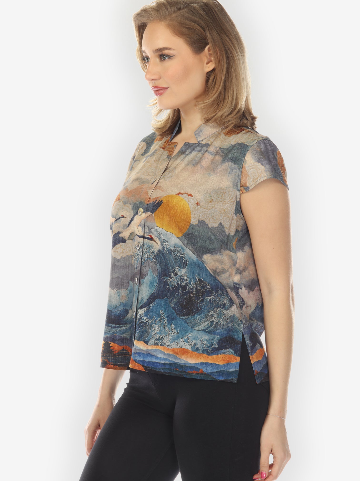 Cap Sleeve Blouse Sun Crane in Blue Cap Sleeve Blouse