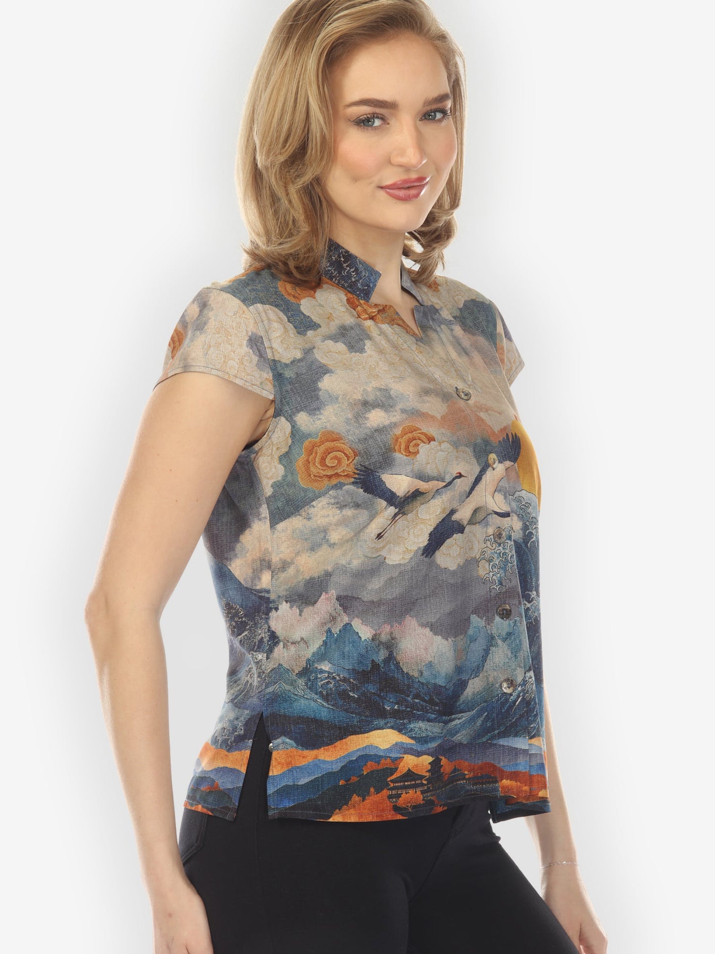 Cap Sleeve Blouse Sun Crane in Blue Cap Sleeve Blouse