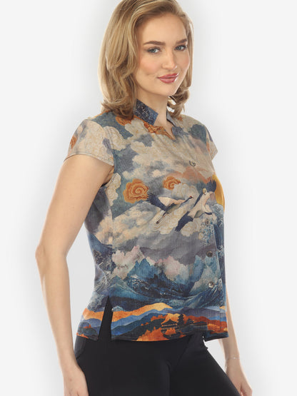 Cap Sleeve Blouse Sun Crane in Blue Cap Sleeve Blouse