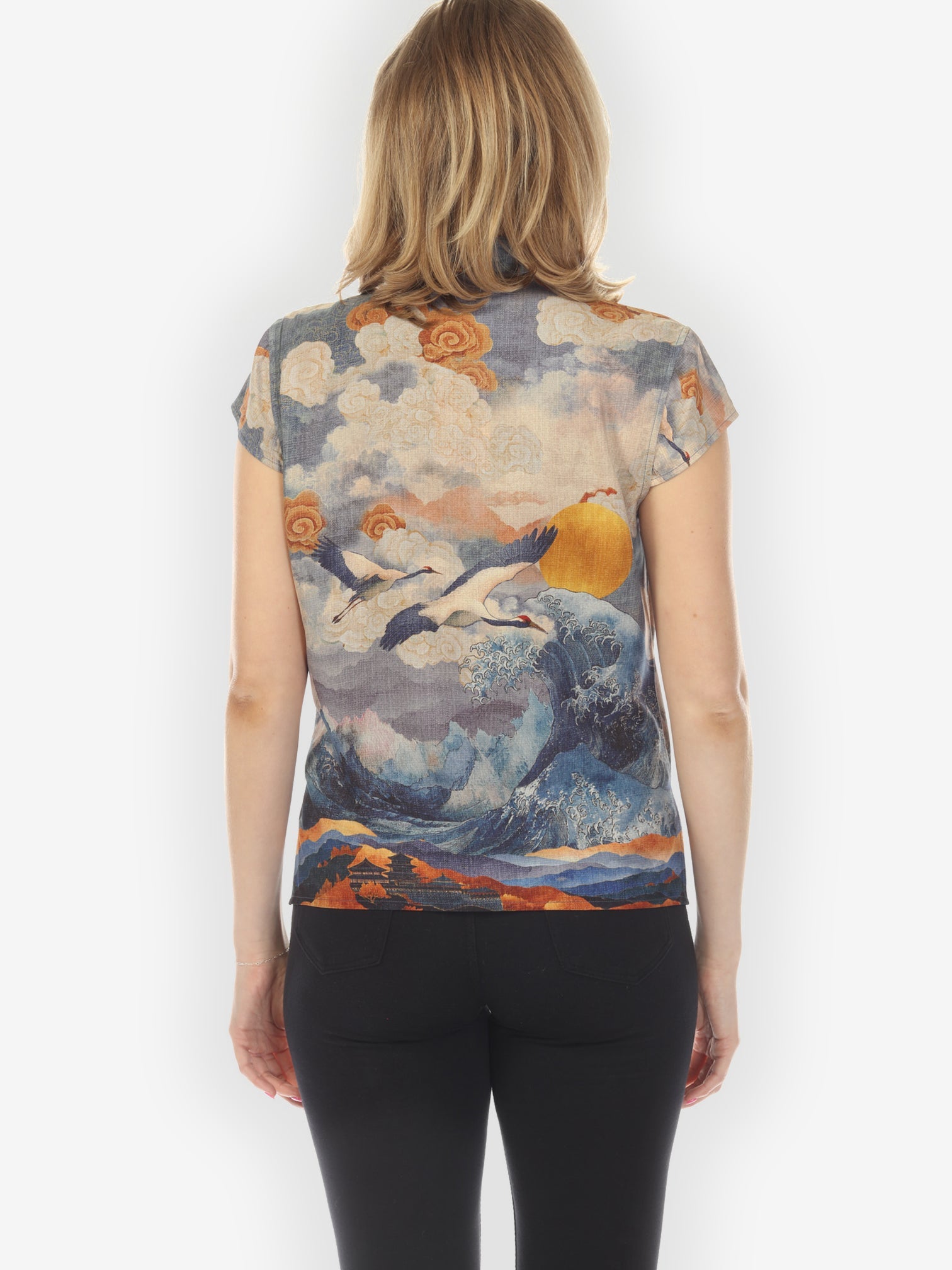 Cap Sleeve Blouse Sun Crane in Blue Cap Sleeve Blouse