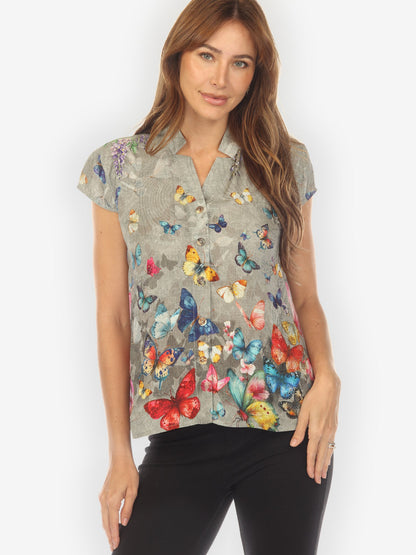Cap Sleeve Blouse Swarm of Butterflies Cap Sleeve Silk Blouse